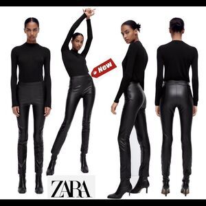 Zara black leggings vegan faux leather high waisted side zipper size medium NWT